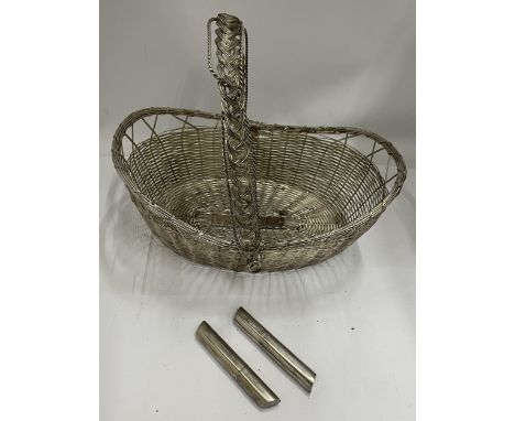 A VINTAGE WHITE METAL WINE HOLDER BASKET AND TWO SILVER PLATED HOLDERS 