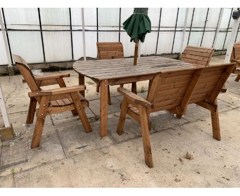 AN AS NEW EX DISPLAY CHARLES TAYLOR LARGE TABLE WITH A TWO SEATER BENCH, THREE CHAIRS AND A PARASOL + VAT 