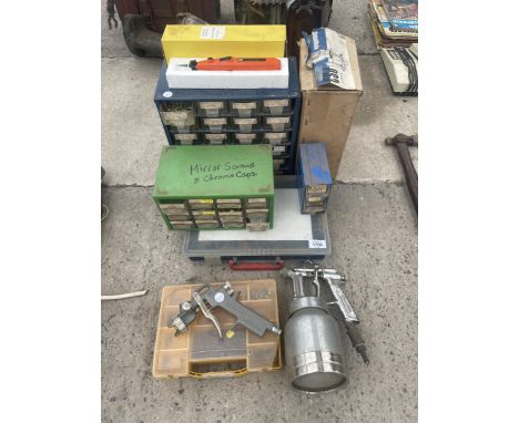 AN ASSORTMENT OF TOOLS AND HARDWARE TO INCLUDE SCREWS AND COMPRESSOR ATATCHMENTS ETC 