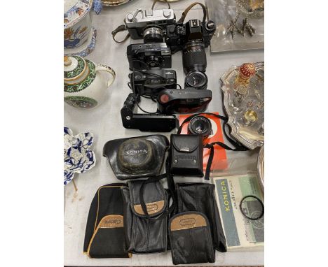 A QUANTITY OF VINTAGE CAMERAS TO INCLUDE A KONICA AUTO S2, CONTAX, THREE CANON SURE SHOTS, CAMERA CASES, ETC 