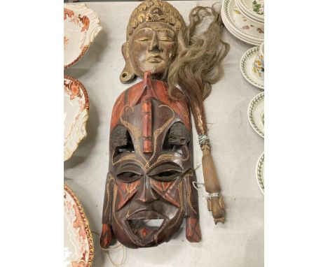 TWO VINTAGE AFRICAN TRIBAL MASKS AND WOODEN HANDLED ITEM 