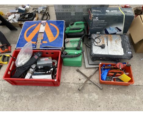 AN ASSORTMENT OF ITEMS TO INCLUDE TILE CUTTERS, FUEL CANS AND RADIOS ETC 