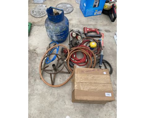 AN ASSORTMENT OF TOOLS TO INCLUDE CUTTING PIPES, PRESSURE GAUGE AND COMPRESSOR FITTINGS ETC 