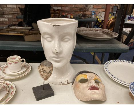 A LARGE CERAMIC HEAD SHAPED PLANTER, HEIGHT 30CM, A VINTAGE WOODEN HEAD ON A PLINTH PLUS A PAPIER MACHE MASK 