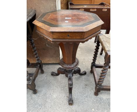 A VICTORIAN WALNUT SEWING TABLE ON TRIPOD BASE 