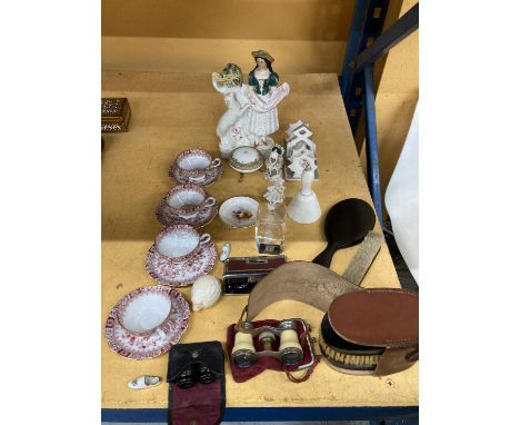 A MIXED VINTAGE LOT TO INCLUDE OPERA GLASSES, A STAFFORDSHIRE FLATBACK FIGURE - A/F, CUPS AND SAUCERS, A NORITAKE TRINKET BOX