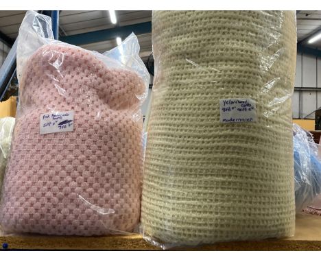 FOUR VINTAGE HONEYCOMB BLANKETS, TWO YELLOW, ONE PINK AND ONE BLUE 