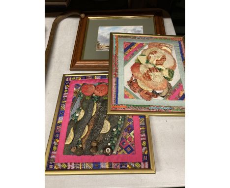 THREE FRAMED PICTURES - TWO PAPIER MACHE FOOD EXAMPLES AND A PRINT OF A CASTLE 