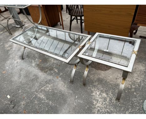 A MODERN POLISHED METALWARE COFFEE TABLE ON X-FRAME AND MATCHING LAMP TABLE 