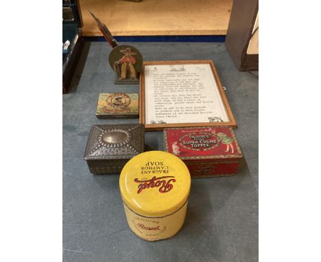 A VINTAGE LOT TO INCLUDE PLAYERS TIN, ROYD VINTAGE TIN, FRAMED PRAYER ETC 