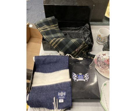A BOXED SAVILLE ROGUE CASHMERE FOOTBALL SCARF AND FURTHER CASHMERE SCOTTISH SCARF 