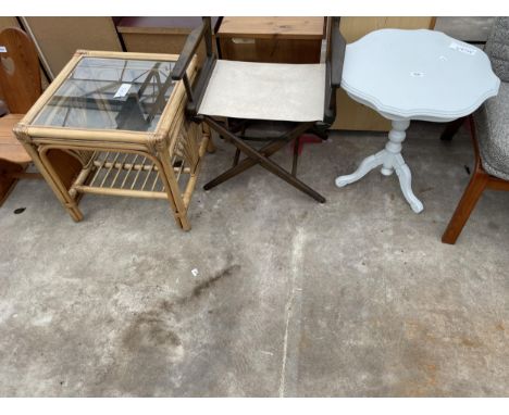 A PAINTED TRIPOD TABLE, DIRECTORS CHAIR (EASTMAN COLOUR FILM, GERARD.R.S.MEE) AND A BAMBOO AND WICKER LAMP TABLE WITH GLASS T