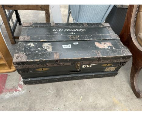 A TRAVELLING TRUNK BY THE MARSHALL IMPROVED AIR AND WATER TIGHT CHEST, 32 X 18" 