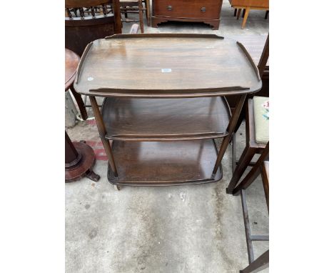 AN ERCOL ELM AND BEECH BLUE LABEL THREE TIER TROLLEY 