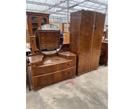 A MID 20TH CENTURY WALNUT LEBUS TWO DOOR WARDROBE AND MATCHING DRESSING TABLE 