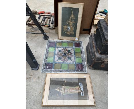 A FRAMED PRINT AND A GLAZED AND LEADED STAINGLASS WINDOW PANE 