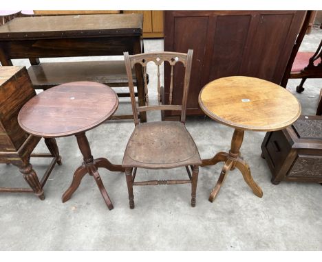 TWO MODERN TRIPOD WINE TABLES AND BEDROOM CHAIR 