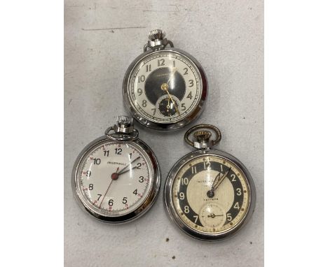 THREE VINTAGE INGERSOLL CHROME POCKET WATCHES, ALL BELIEVED WORKING 
