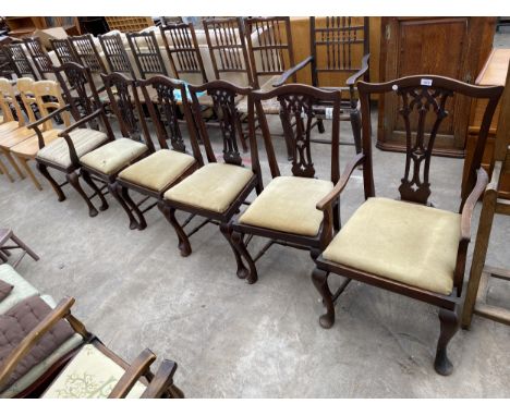 A SET OF SIX MAHOGANY CHIPPENDALE STYLE DINING CHAIRS, TWO BEING CARVERS 