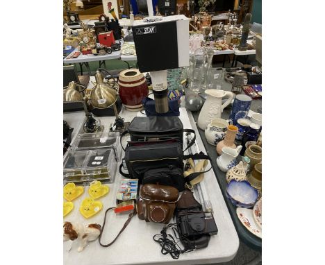 A KOPYKAKE 303XK PHOTOGRAPHIC ENLARGER, A ZEISS IKON CONTAFLEX VINTAGE CAMERA IN LEATHER CASE, A NIKON L35 AF CAMERA IN CASE,