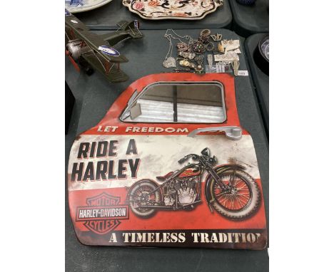 A METAL HARLEY DAVIDSON VAN DOOR MIRROR, 19 X 16" 