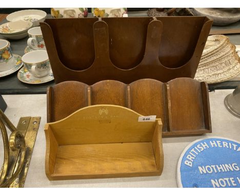 A MAHOGANY STATIONERY/LEAFLET SHELF, POSSIBLY FROM A CHURCH PLUS A FORTNUM AND MASONS SMALL SHELF 