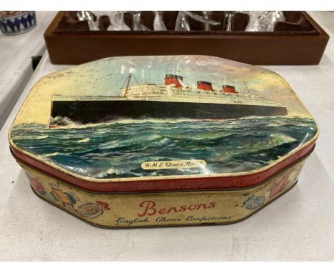 A VINTAGE 'BENSONS' CONFECTIONARY TIN WITH AN IMAGE OF 'THE QUEEN MARY' SHIP TO THE LID 