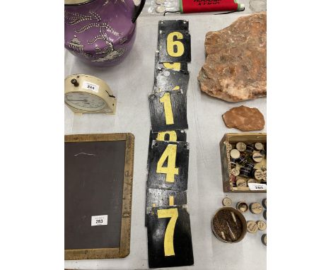 TEN VINTAGE METAL NUMBERS/SCORE PLATES 