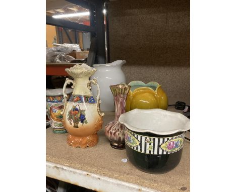 A QUANTITY OF CERAMIC PLANTERS, JUGS AND VASES TO INCLUDE A VICTORIAN TWIN HANDLED FRUIT DESIGN VASE 