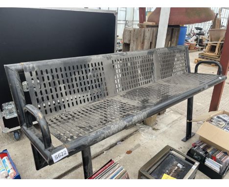 A METAL THREE SEATER RAILWAY STYLE BENCH 