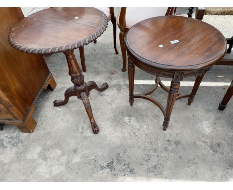 A 19TH CENTURY STYLE TRIPOD TABLE WITH ROPE EDGE AND 20" DIAMETER OCCASIONAL TABLE ON TURNED AND FLUTED LEGS 
