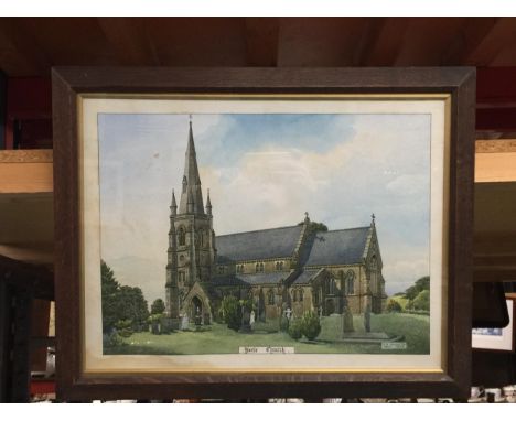 A FRAMED PRINT OF KEELE CHURCH 