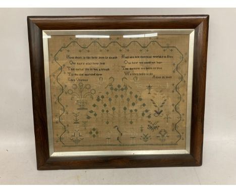 A VICTORIAN 1843 DATED MAHOGANY FRAMED TAPESTRY SAMPLER 