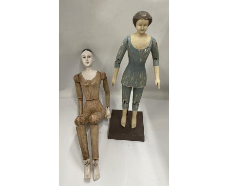 TWO VINTAGE PAINTED WOODEN MOVEABLE DOLLS 