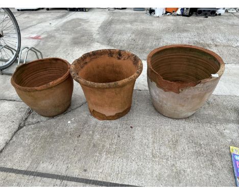 THREE LARGE VINTAGE TERRACOTTA PLANT POTS - ALL A/F 