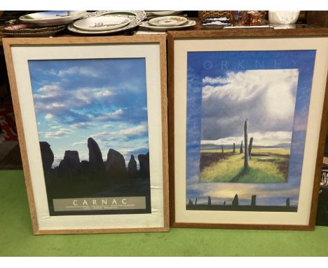 TWO FRAMED POSTERS OF NEOLITHIC RINGS, BRODGAR ON ORKNEY AND CARNAC IN BRITTANY 