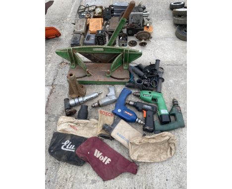 AN ASSORTMENT OF TOOLS TO INCLUDE BATTERY DRILLS AND A GILOTINE ETC 