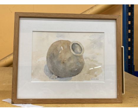A VINTAGE FRAMED SWEDISH WATERCOLOUR OF A POT, SIGNED RUTH LAUDRUP, WITH LABEL TO REVERSE, 25 X 29CM 
