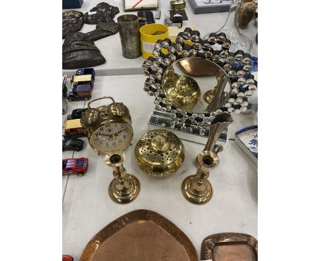 A VINTAGE WESTCLOX ALARM CLOCK, MODERN TABLE MIRROR WITH CRYSTAL DECORATION, BRASS INSENCE BURNER, CANDLESTICKS, ETC 