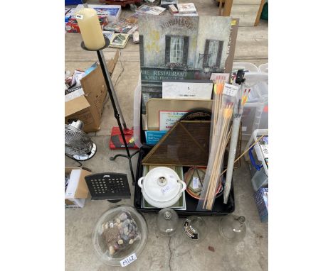 AN ASSORTMENT OF ITEMS TO INCLUDE GLASS BOTTLES, CERAMIC TUREEN AND TRAYS ETC 