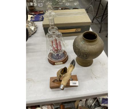 AN ORIENTAL BRASS VASE WITH FIGURAL DESIGN, HEIGHT 18CM, A MODEL OF THE MARY ROSE SHIP IN A BOTTLE AND A PAIR OF DEER FEET FA