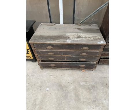 A VINTAGE PINE FIVE DRAWER CHEST WITH AN ASSORTMENT OF TOOLS TO INCLUDE FILES AND RASPS ETC 
