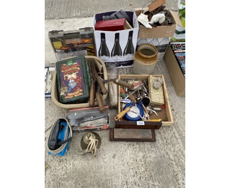 AN ASSORTMENT OF ITEMS TO INCLUDE A STONEWARE POT, TOOLS AND SCISSORS ETC 