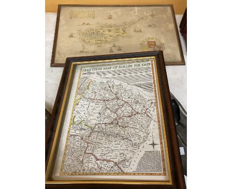 A VINTAGE FRAMED MAP OF CYPRUS AND A FRAMED PRINT OF 1842 TITHE MAP OF BOLLIN FEE EAST 