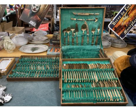 A VERY LARGE VINTAGE BRASS CANTEEN OF  CUTLERY IN A BOX WITH THREE LAYERS - K T HALAND 