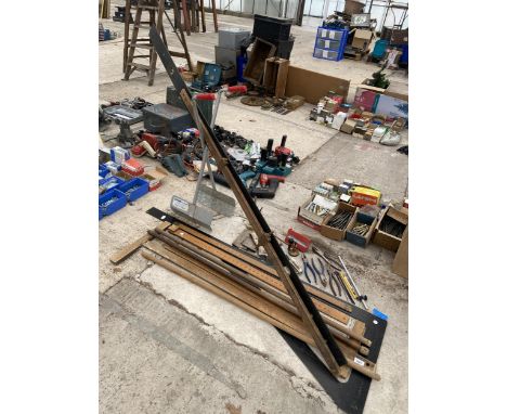 AN ASSORTMENT OF TOOLS TO INCLUDE SET SQUARES, A LEAF SCOOP AND PLIERS ETC 