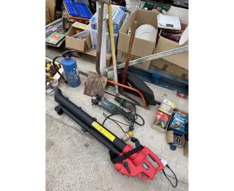 AN ASSORTMENT OF TOOLS TO INCLUDE A BOSCH DRILL, A MAKITA ANGLE GRINDER AND AN ELECTRIC LEAF BLOWER ETC 