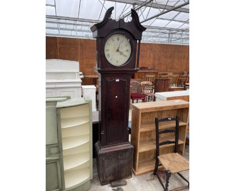 A 19TH CENTURY OAK THIRTY-HOUR LONGCASE CLOCK WITH ROUND ENAMEL DIAL 