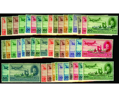1952 "King of Egypt & Sudan" overprint group of 45 colour trials of opt on airmail issue values from 2m to 200m with royal co