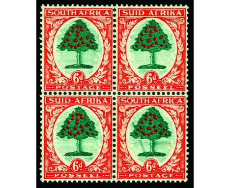 1933-48 6d green and vermilion (I), block of 4, lower pair showing the "falling ladder" flaw (SG 61a), faint trace of fingerp